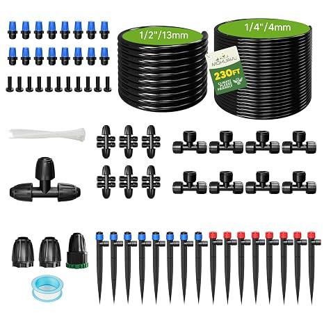 196FT+33FT Quick-Connect Drip Irrigation System Kit, Automatic Garden Watering System with Adjustable Nozzles & Sprinklers,1/2" & 1/4" Fast-Lock Tubing, for Greenhouse, Lawn, Potted Plants