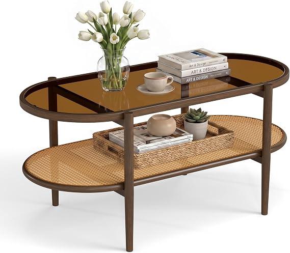 Boho Oval Coffee Table with Storage Shelf, 2-Tier Tempered Glass
