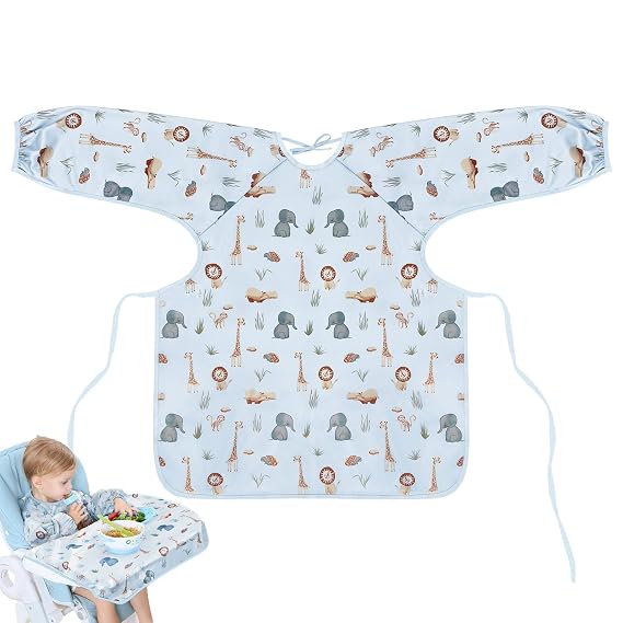 Vicloon Coverall Baby Feeding Bib, Weaning Bib Attaches to Highchair and Table, Long Sleeves Bib with Waterproof, Comfortable,Machine Washable, Baby Bib For 6 Month to 3 Years Old (Blue) | Adjustable Coverall Baby Smock Weaning Bib for Babies Toddlers 6-36 Months, Machine Washable (Blue)