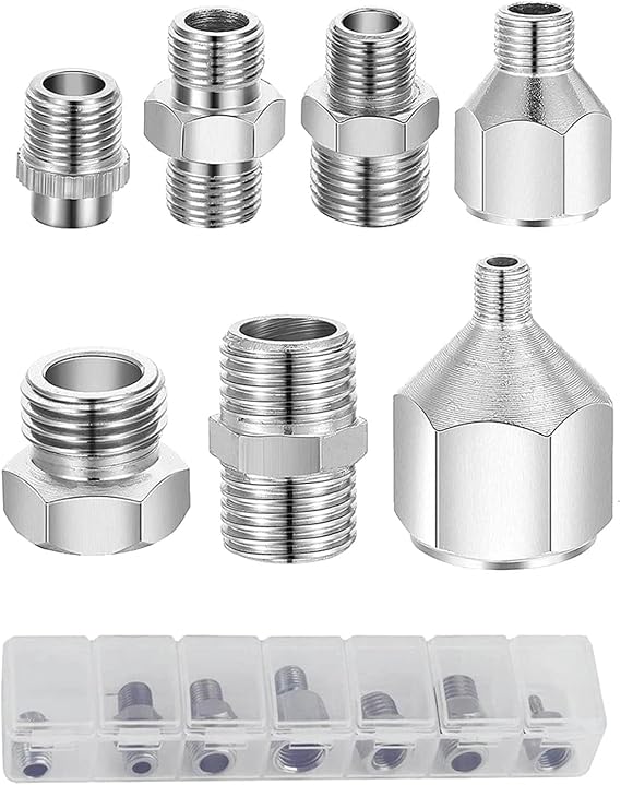 7-Piece Airbrush Adapter Set, Multi-Size Fitting Connector Kit (1/8", 1/4", M5 Threads), Assorted Metal Male & Female Converter Couplings for Air Compressor & Hose