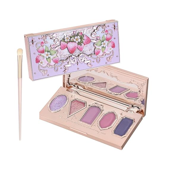 Flower Knows Violet Strawberry Rococo Eyeshadow Palette & Brush Set - 3 Matte+2 Shimmer Purple Shades,Long-lasting,Easy-to-apply & Highly Pigmented Eye Shadow(G01 Starmoon Strawberry,0.37 Oz)