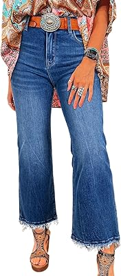 Astylish Womens High Waisted Jeans Stretchy Flared Straight Leg Loose Trendy Raw Hem Denim Pants