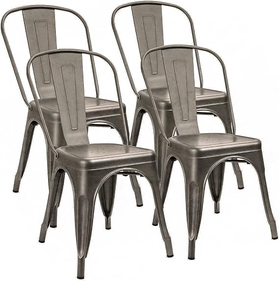 Furniwell Metal Dining Chairs Indoor Outdoor Use Stackable Tolix Industrial Metal Chairs Set of 4 for Kitchen, Dining Room, Bistro and Cafe (Gun)