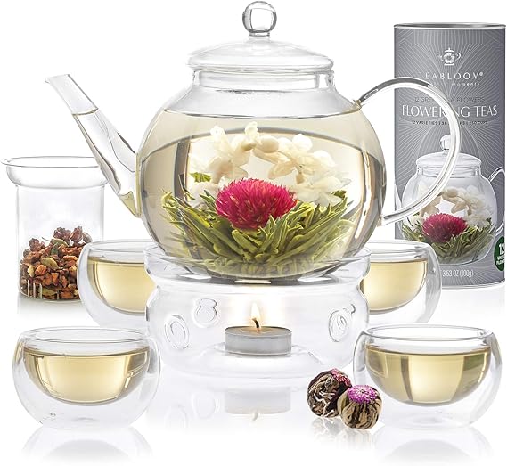 Teabloom Complete Glass Tea Set Teapot (40 oz), Loose Tea Infuser, 4 Insulated Teacups, Tea Warmer with Candlelight, and 12 Flowering Teas Elegant Blooming Tea Gift Set