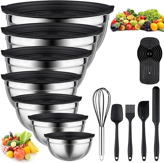 Leidawn Mixing Bowls with Lids Set, 25 PCS Black Mixing Bowl for Kitchen | Stainless Steel Nesting Bowls for Baking, Mixing, Serving & Prepping, Size 5, 3.7, 2.8, 2.3, 1.7, 1.1, 0.7QT, 11 Utensils