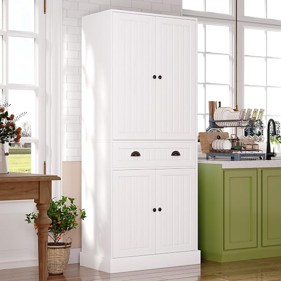 4 EVER WINNER 72" Tall Pantry Cabinet, Farmhouse Storage Cabinet with Adjustable Shelves and Drawers, Rustic Wood Cupboard for Kitchen, Dining, Living Room, White