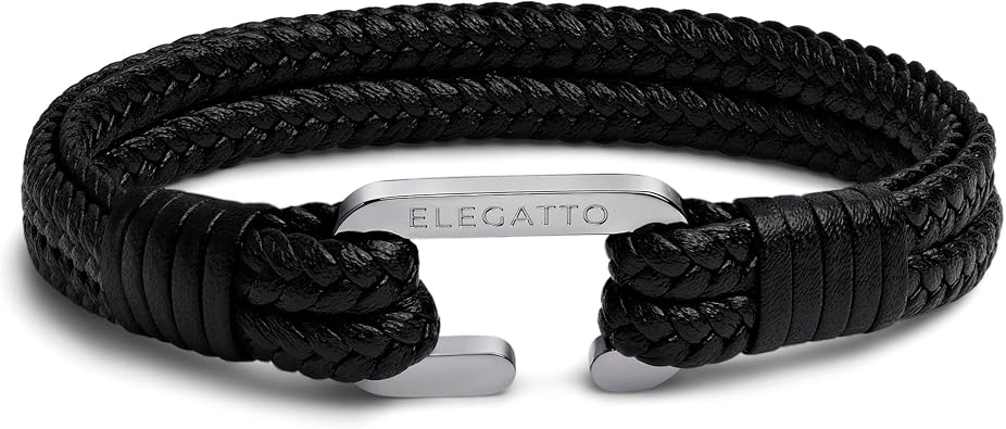 Elegatto Meraki Premium Double Braided Leather Bracelet for Men | Full-Grain Leather with Silver Polished Stainless Steel C-Clasp | Mens Designer Bracelets