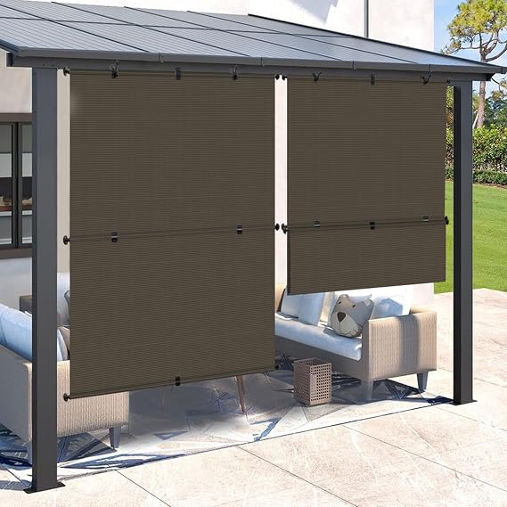 SunnyRoyal 7'W X 6'H Patio Roller Shades Foldable Sun Shade Outdoor Cordless Roll Up Blinds for Deck Backyard Porch Balcony (Brown)