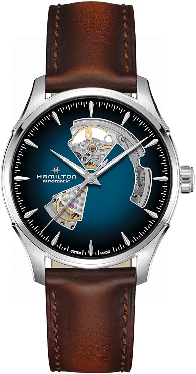 Hamilton Jazzmaster Open Heart Automatic Men's Watch, 40mm Stainless Steel Case, Swiss Made, Blue Dial Analog Wrist Watch, 50m Waterproof, Sapphire Crystal, 3-Hand Movement, Cow Leather Strap