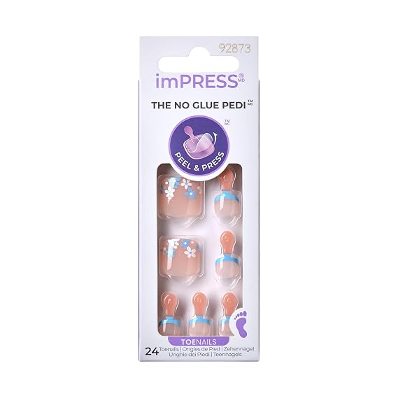 Kiss Impress No Glue Pedi Press-On Nails, Design,#39;Paradise Ticket', Light Beige, Short Size, Squoval Shape, Includes 24 Nails, Prep Pad, Instructions Sheet, 1 Manicure Stick, 1 Mini File