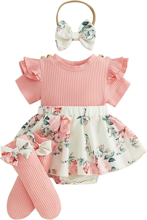 Infant Baby Girls Summer Clothes Outfits Flower Print Faux Two-piece Design Short Sleeve Romper Dress Bow Headband and Stockings Set 3Pcs