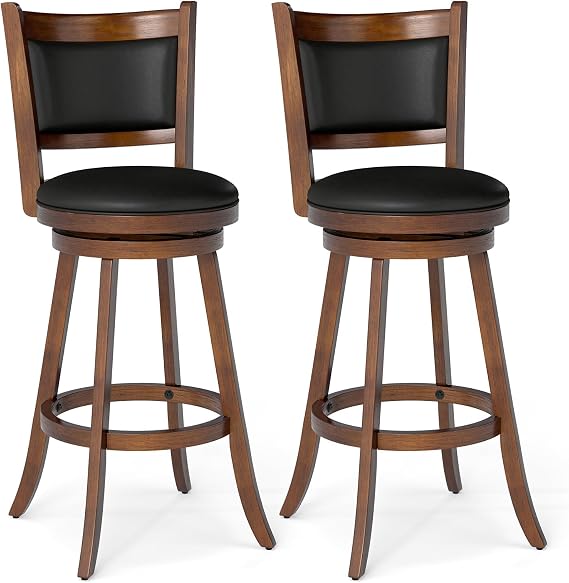 COSTWAY Bar Stools Set of 2, 360 Degree Swivel, Accent Wooden Swivel Seat Bar Height Stool, Leather Upholstered Design, PVC Cushioned Seat, Perfect for Dining and Living Room (Height 29")