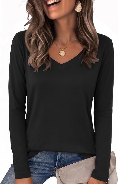 Zeagoo Womens T Shirts Long Sleeve V Neck Basic Tee Casual Fall Tops Outfit