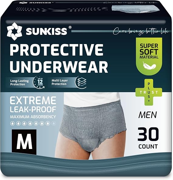 SUNKISS Incontinence Pants for Men, Comfortable, Grey, Medium, 30 Count