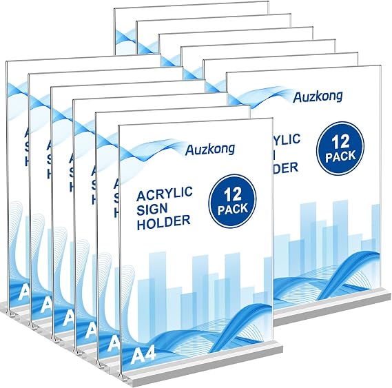 A4 Acrylic Sign Holders - Double-Sided Vertical Stand, Desktop Display Stand, Table Menu Holder (12 Pack)