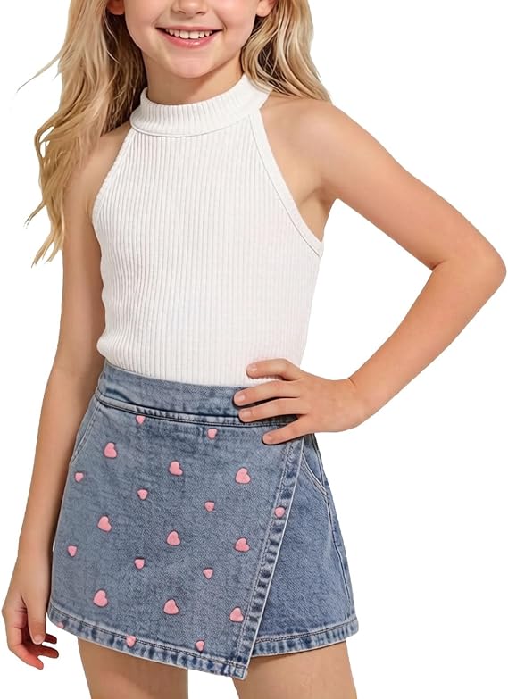 Summer Outfit for Girls Sleeveless Mock Neck Knitting Tank Heart Embroidery Irregular Skirts Vacation Two Piece