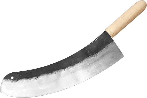 Carbon Steel Handmade Forged Gourmet Professional Chef Chopping Curved Mincing Knife Kebab Big Blade Kitchen Cleaver - Pizza Cutting Show (15.7 in / 40 cm)