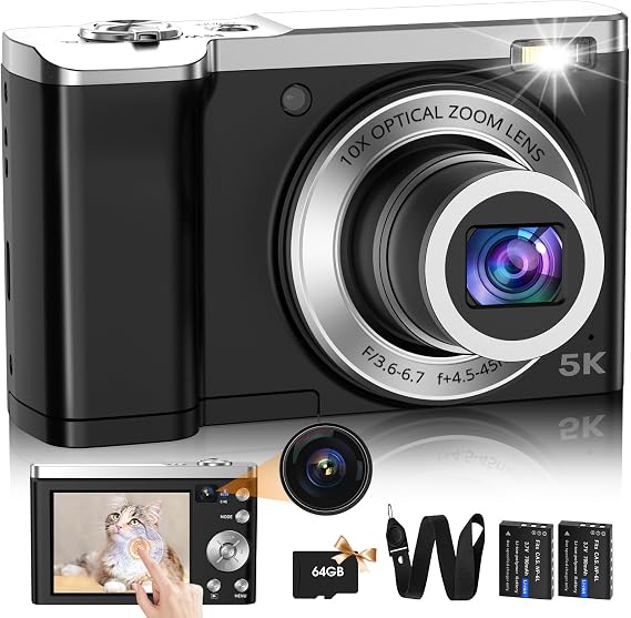 Lecnippy 5K Digital Camera, 10x Optical Zoom, 56 Megapixels, Digital Camera, Dual Camera, 64GB Micro SD | カード付属 オートフォーカス デュアルレンズ ハイビジョン録画 1600万CMOSセンサー 6軸手ぶれ補正 2.8インチ IPS HDタッチスクリーン 自撮りカメラ コンパクト