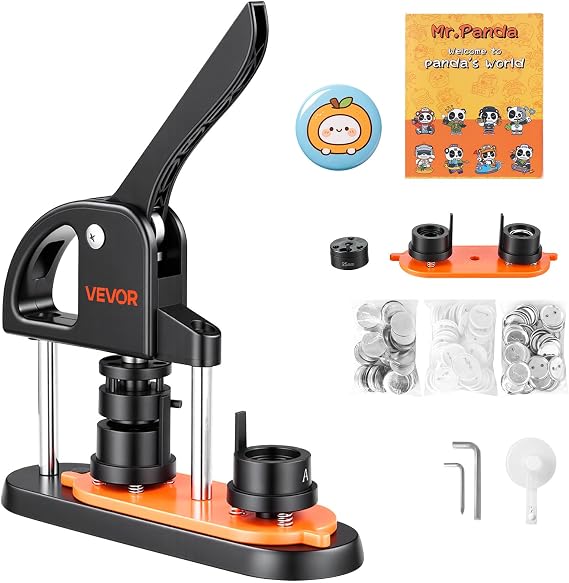 VEVOR Button Maker Machine, 25mm/1 inch Button Maker with 500pcs Button Parts, Ergonomic Arc Handle Punch Press Kit, Pin Maker with Panda Magic Book, for Children DIY Gifts and Christmas