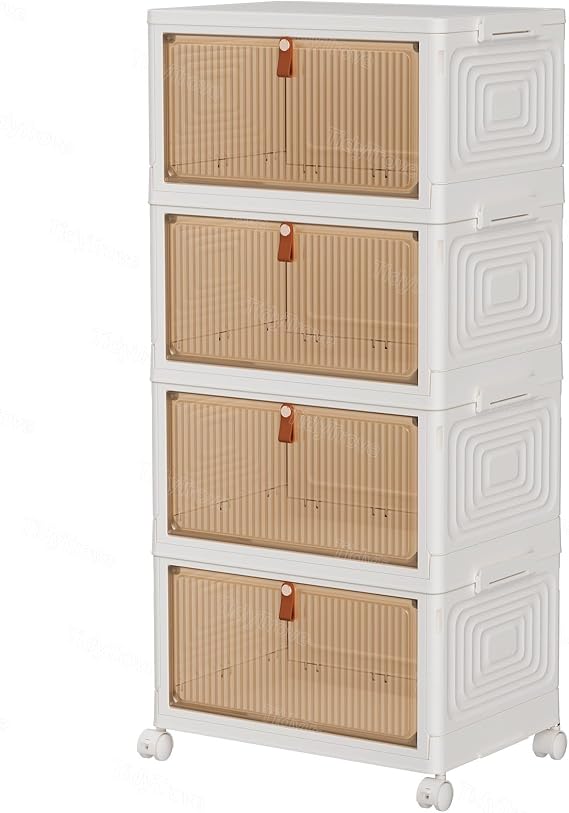 TidyTrove Storage Boxes with Lids 23L/4 Tier, Plastic Storage Box with Lid | Stackable Folding Storage Bins with Wheels, Storage Organizer for Bedroom Living Room Study Office
