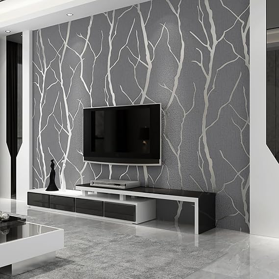 Trafagala Grey 3D Embossed Wallpaper for Living Room Hallway Silver Striped Branch Glitter Wallpaper Feature Geometric Wallpapers for Bedroom Lounge Kitchen Wall Paper Roll