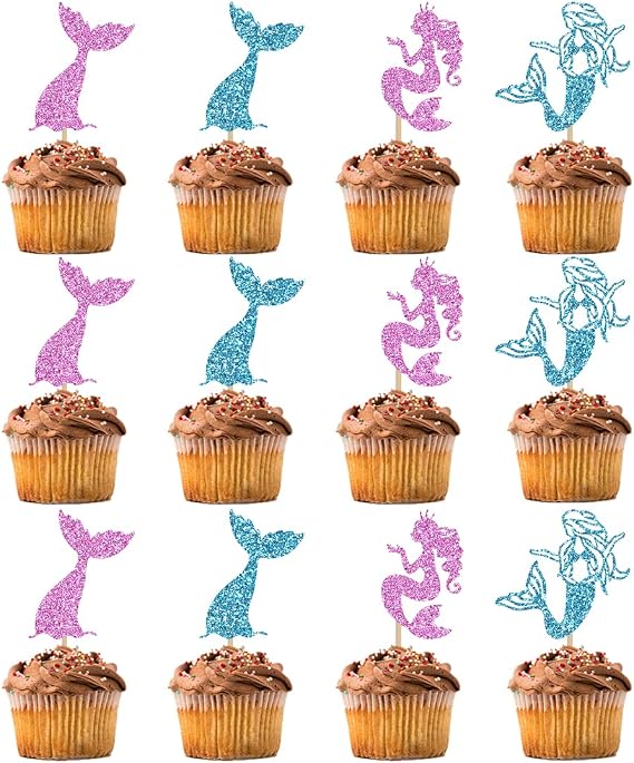 12 PCS Mermaid Cupcake Toppers Mermaid Tail Themed Cupcake Toppers Birthday Party Decorations
