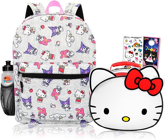 Hello Kitty Backpack and Lunch Box Set - Bundle of 16" Backpack, My Melody and Kuromi Lunch Bag, Water Bottle, Stickers, More | Hello Kitty School Supplies