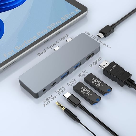Surface Pro 9/Pro 8/Pro X Bağlantı İstasyonu, 6-in-2 Microsoft Surface Pro USB Hub Adaptörü ile 4K@60HZ HDMI Ekran, 100W Thunderbolt 4 Bağlantı Noktası, 3* USB (5Gbps), 3.55mm Ses, Surface Pro