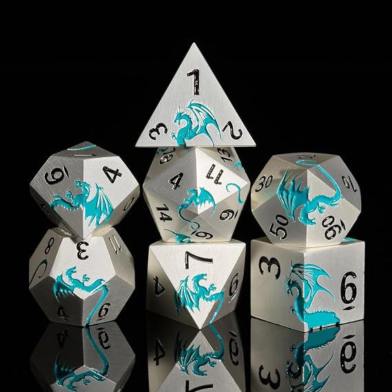 Matte Silver Blue Dragon Metal Dice Set,7 PCS Heavy Zinc Alloy DND Dice with Magnetic Gift Box for Dungeons & Dragons Tabletop Games (Matte Silver Blue Dragon)