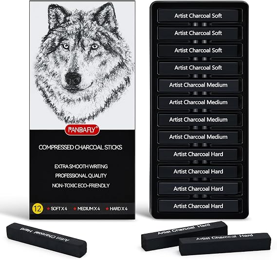 PANDAFLY Compressed Charcoal Sticks, 12 Pack, Soft Medium & Hard