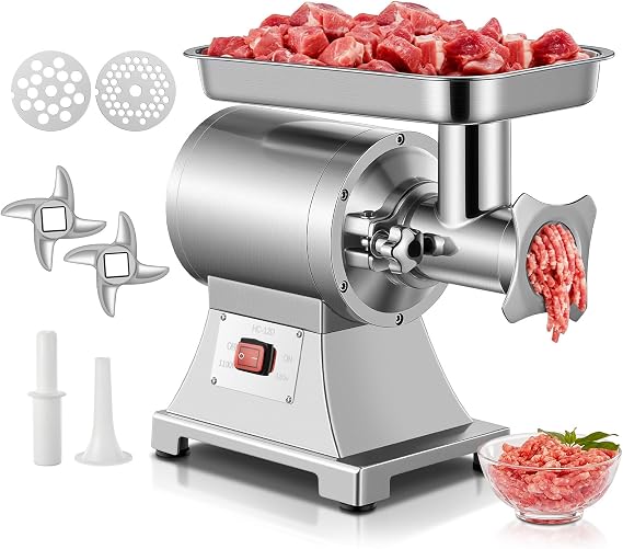 Commercial Meat Grinder, 1100W Electric Meat Grinder Heavy Duty | ETL Approved, 330LBS/H Meat Mincer with 2 Blades, 2 Cutting Plates, Sausage Tube for Kitchen Restaurant Butcher Store