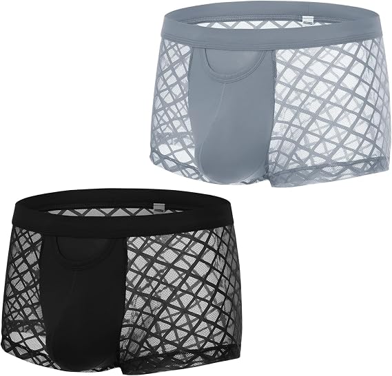 Sexy Mens Underwear with Pouch Mesh Boxer Briefs See Through Trunks Open Fly Pack