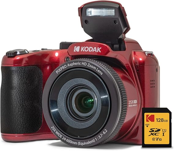 Kodak PIXPRO AZ255 Astro Zoom 16MP Digital Camera (Red) Bundle | 128GB SDXC Card, (2 items)