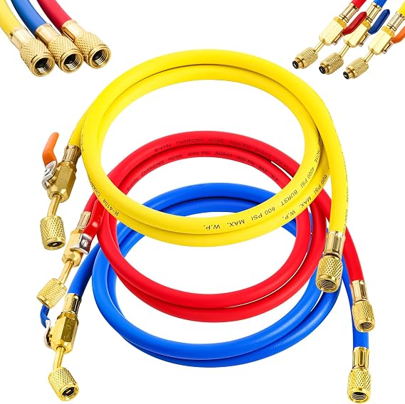 2025 Upgrade 29985 Plus II 1/4" HVAC Hose with Ball Valve,Standard 1/4" Flare Fittings,for R410A & All Refrigerants,800 PSI ,60",Multicolor Pack (3-Pack)