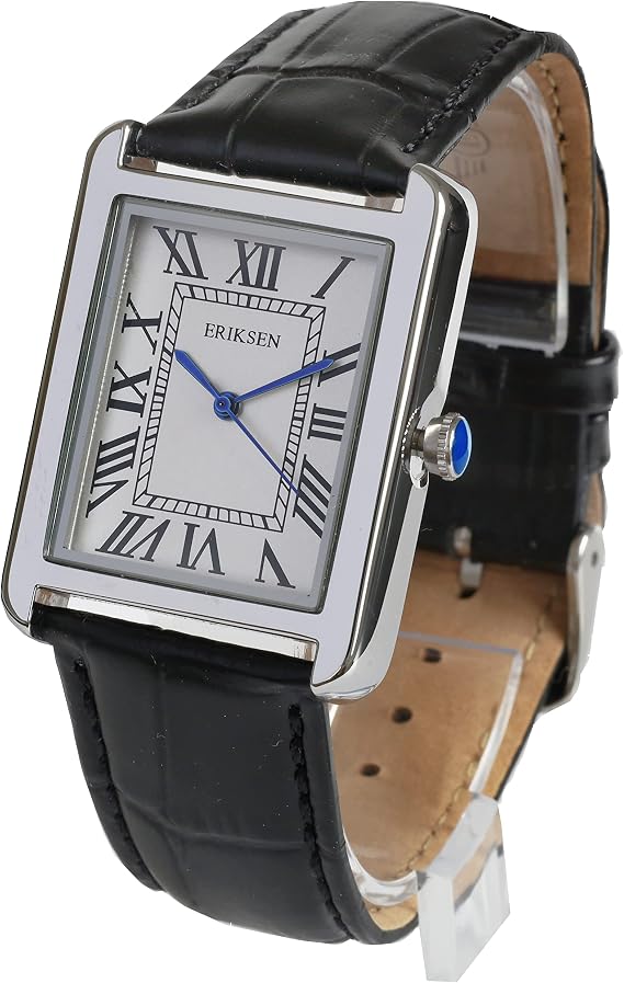 ERIKSEN Mens Retro Rectangular Dress Watch, Silver-Tone Case, Black Leather Strap, Japanese Quartz Analog Movement CMS-BLK