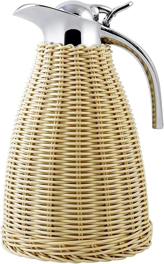 Stainless Steel Thermal Coffee Carafe,Woven Rattan Body,51oz/1.5l/6.5 Cups Double Walled Coffee Carafe,Insulated Coffee Pitcher 12-Hour Heat & 24-Hour Cold Retention