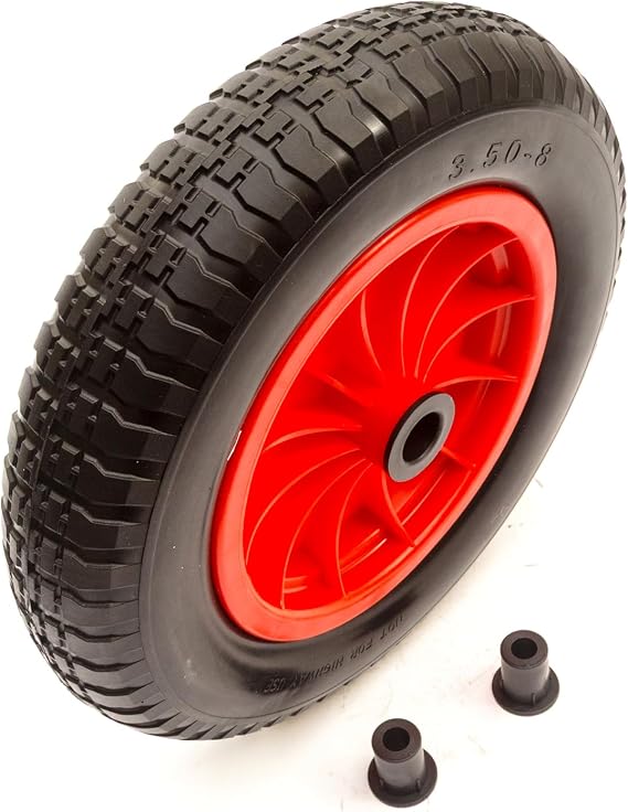 Replacement 3.50-8 Wheelbarrow Wheel 13mm Bore 90mm Hub Builders Barrows, Carts PU Wheel & Tyre Solid Flat Free 14" Inch 35mm/25mm/13mm Bore Includes Reducer Bushes Maximum Load 150kg