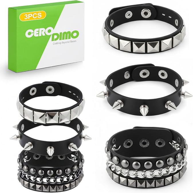 3 Pcs Studded Bracelet Set Punk Style Leather Look Wristband for Men and Women Black Stud Bracelets Gothic Emo Y2K Grunge Wrist Accessories for Daily Wear and Concert Outfits