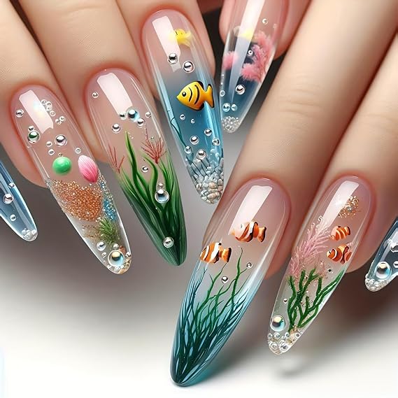 Press on Nails Long Length Almond Shaped Seaweed Fish Pattern Design Marine Life Fake Nail Full Cover Glossy Acrylic Artificial Fingernails Reusable French Tip Glue on Nails for Women 24Pcs