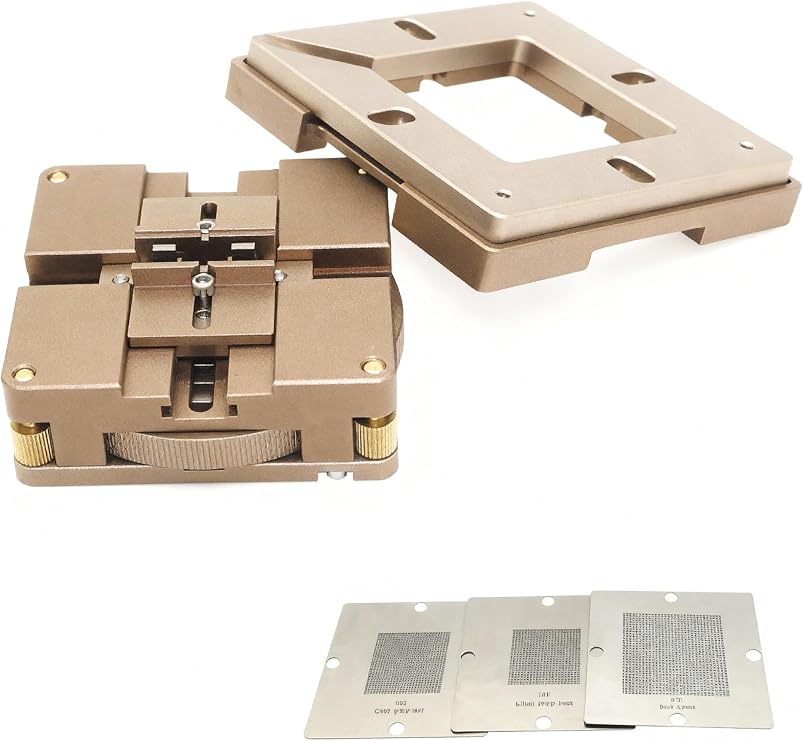 Auto-Centering BGA Reballing Station Aluminum Reballing Kit with Tool-Free 4-Corner Stencil Lock & Height-Adjustable Swivel Corners, Auto-Fixing Solder Rework Kit with 3 Random Stencils