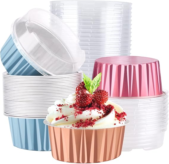 EUSOAR Baking Cups Aluminum Foil, 5oz Pack of 30 Blue Red Rose Gold Cupcake Cups with Lids, 125ml Pie Ramekins, Desserts Flans, Custard Cake Pudding Cups, Catering Party Favor