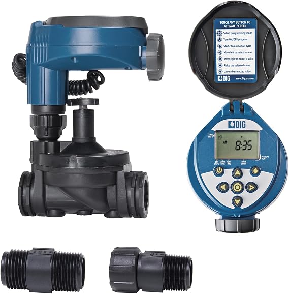 DIG RBC 7000 Battery Powered Irrigation Timer - Programmable Control for Drip & Sprinkler Systems with Rain Sensor Compatibility 3/4" in-line Valve. Installed Above the Ground or Inside irrigation Box