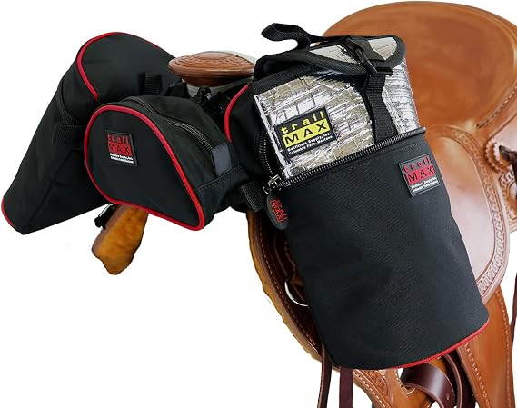 TrailMax Medium Horn Bag and Pommel Pocket Bundle, Saddle Horn Bag and Pommel Pocket Set; Combination Horn and Pommel Bags for Trail Riding; Saddle Bag Bundle for Western Saddles; Red Piping