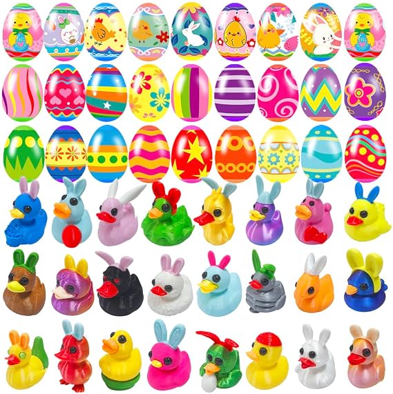 24 Pcs Prefilled Easter Eggs with 3D Print Easter Ducks Toys Inside for Kids Girls Boys Easter Basket Stuffers Party Favors Gifts Easter Egg Fillers Hunt