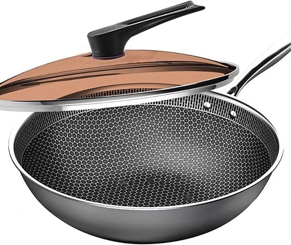Carbon Steel Wok Pan with Lid, Ultra Nonstick Fry Pan with Lid, Fried Rice Pan Non Stick Wok with Lid, for Induction, Electric, Gas, Halogen All Stoves