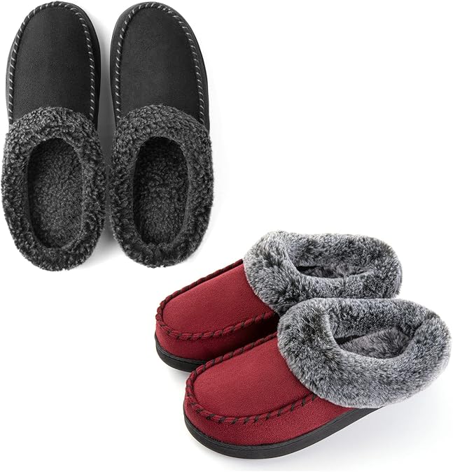 ULTRAIDEAS Couples Suede Moccasin Memory Foam Slippers(Men Size 11-12/ Women Size 7-8)