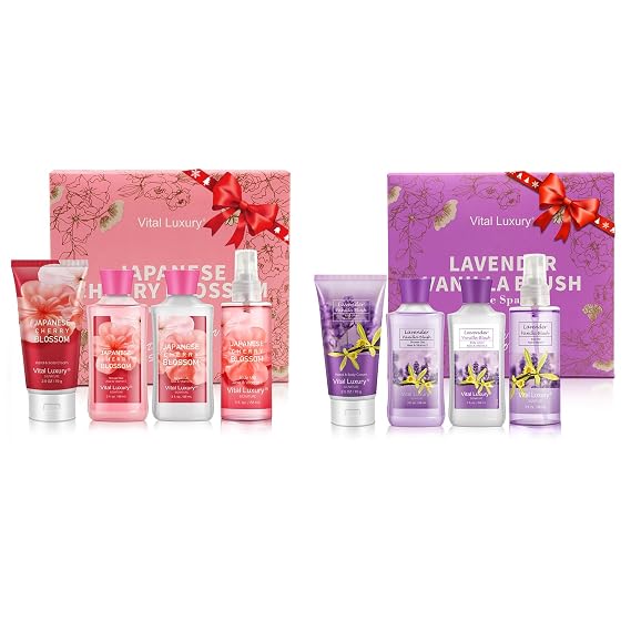 Bath & Body Kit: Japanese Cherry Blossoms + Lavender Vanilla Blush Scented Spa Set - Ideal Skincare Gift, Includes Lotion, Gel, Cream, Mist - Halloween, Christmas Gifts for Her and Him