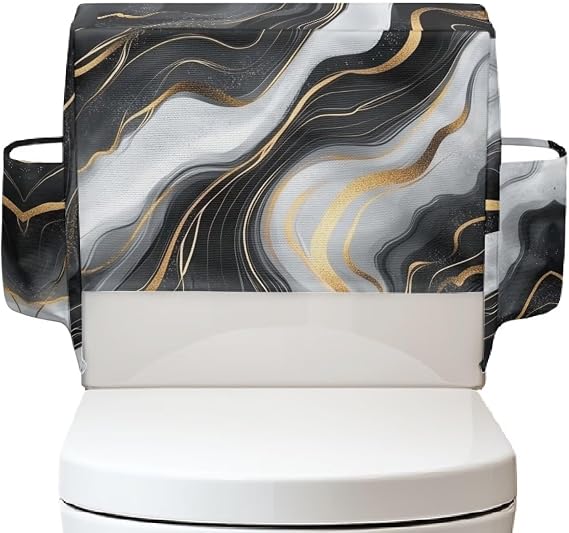 Black Marble Print Toiet Tank Dust Cover with Side Storage Pockets Reusable Toilet Top Cover Bathroom Decor Accessories