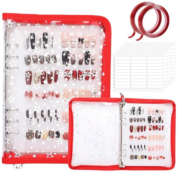 Press on Nail Storage Organizer Binder Book with 8 Insert Pages | Double-Sided Tape Included, A5 Size, Portable Design, Transparent Display Pages, Zipper Closure, Press-On Nail Storage, Red