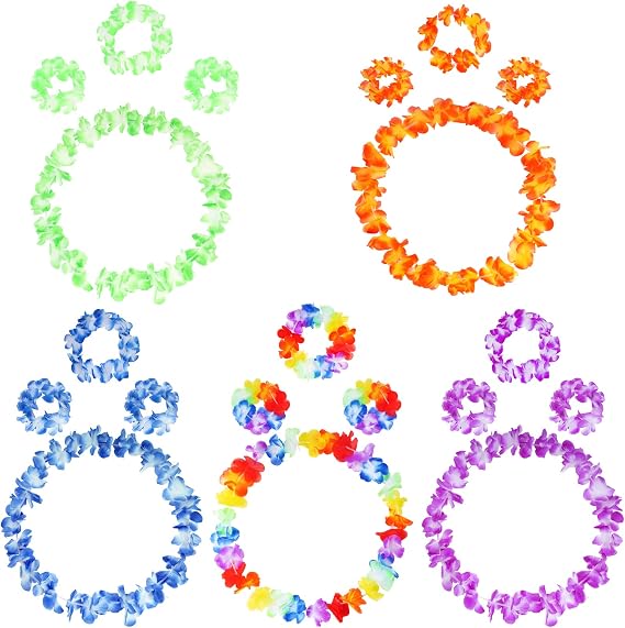 SUMERSHA 5 Set 20pcs Hawaiian Leis Elastic Flowers Necklaces, Headbands and Wristbands Tropical Luau Party Decorations Supplies Birthday Beach Party Favors, 5 Colors
